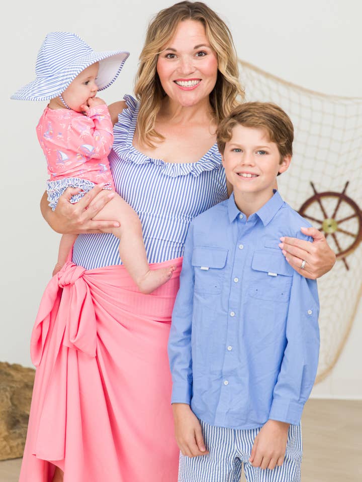 Boys Periwinkle Blue Sun Protective Button Down Shirt for wholesale on Faire
