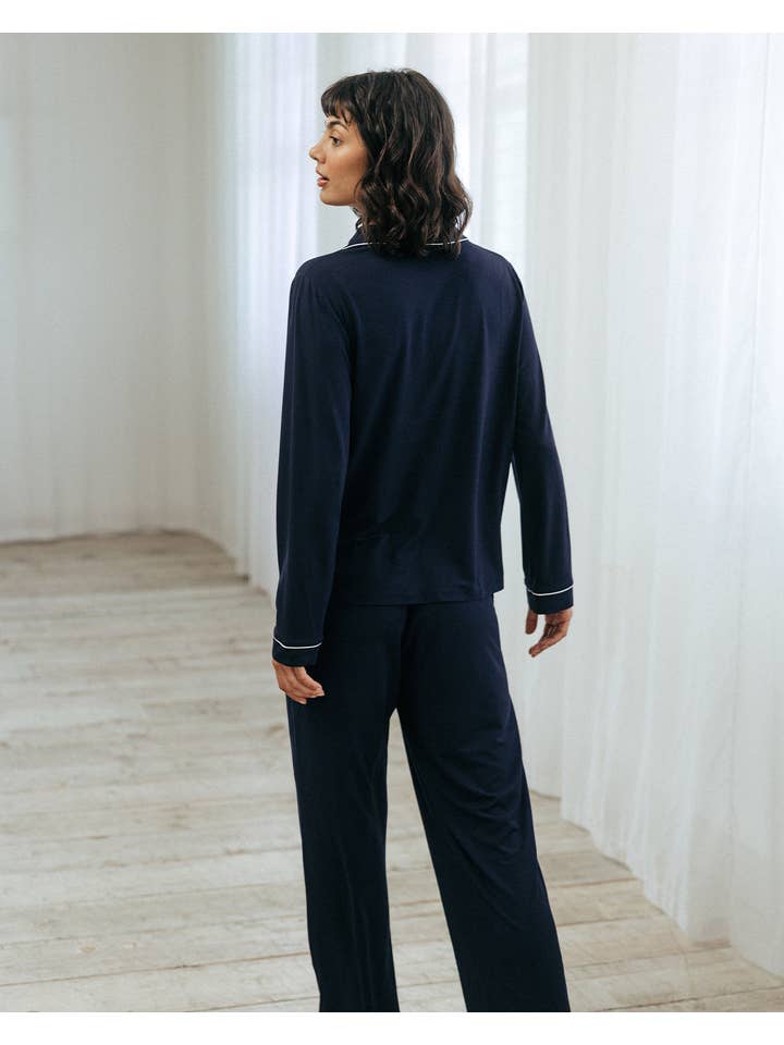 TENCEL™ Modal Long Button Up Pyjama Set - Navy for wholesale on Faire
