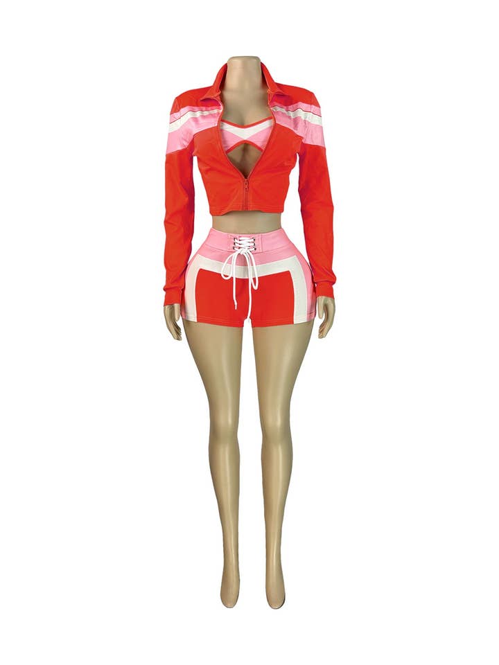 MB Fashion Wholesale - Wholesale Top & Short Set (NOT Loungewear) - Women's - MB FASHION Three-Piece Zip-Up Jacket, Crop Top, and Lace-Up Shorts Set 5029LY11