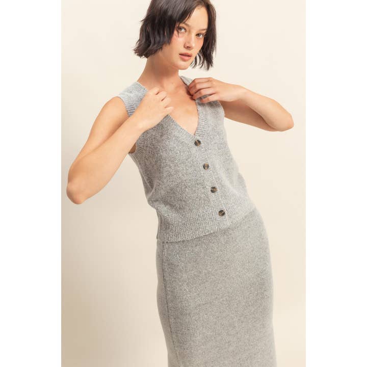 Double Zero - Wholesale Top & Skirt Set - Women's - Button Front Vest & Midi Skirt Knit Set6