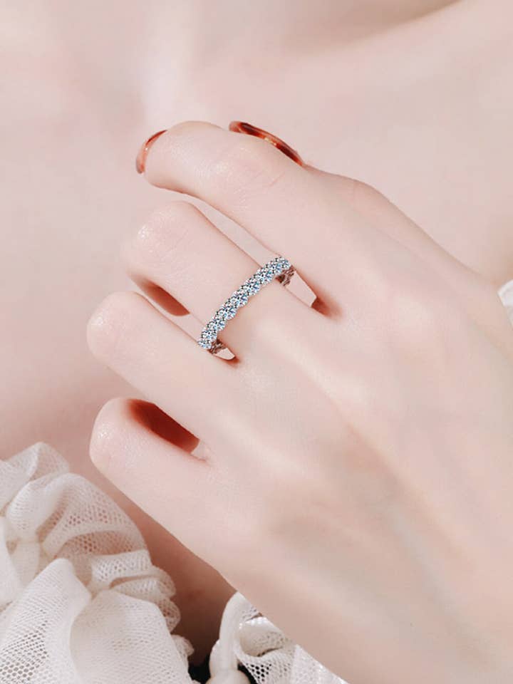 Moissanite Rhodium Over Pure Sterling Silver Eternity Ring for wholesale by Sparkala