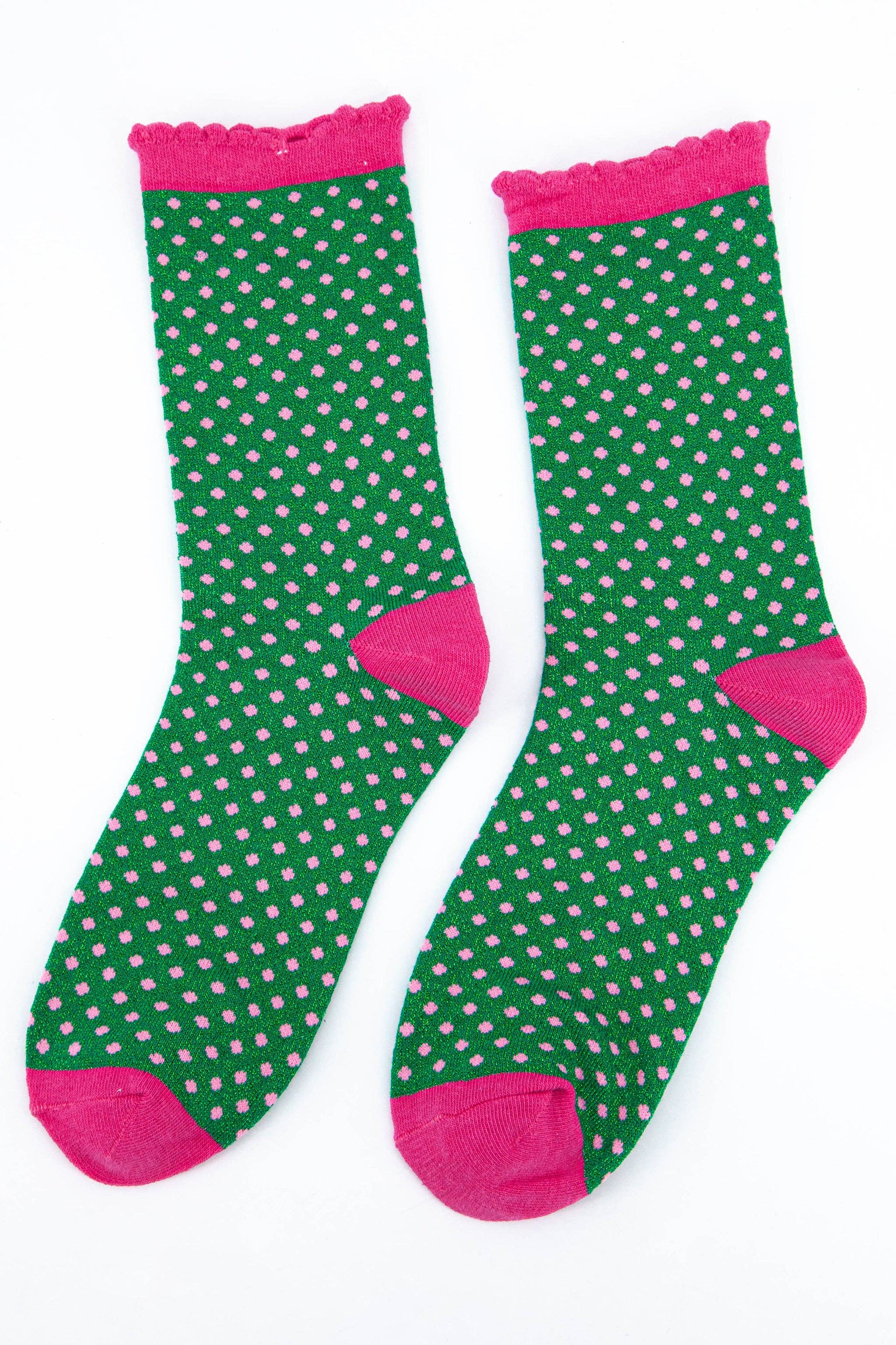 Sock Talk - Vendita all'ingrosso Calzini - Donna - Calzini da donna in cotone con glitter a pois rosa su verde2