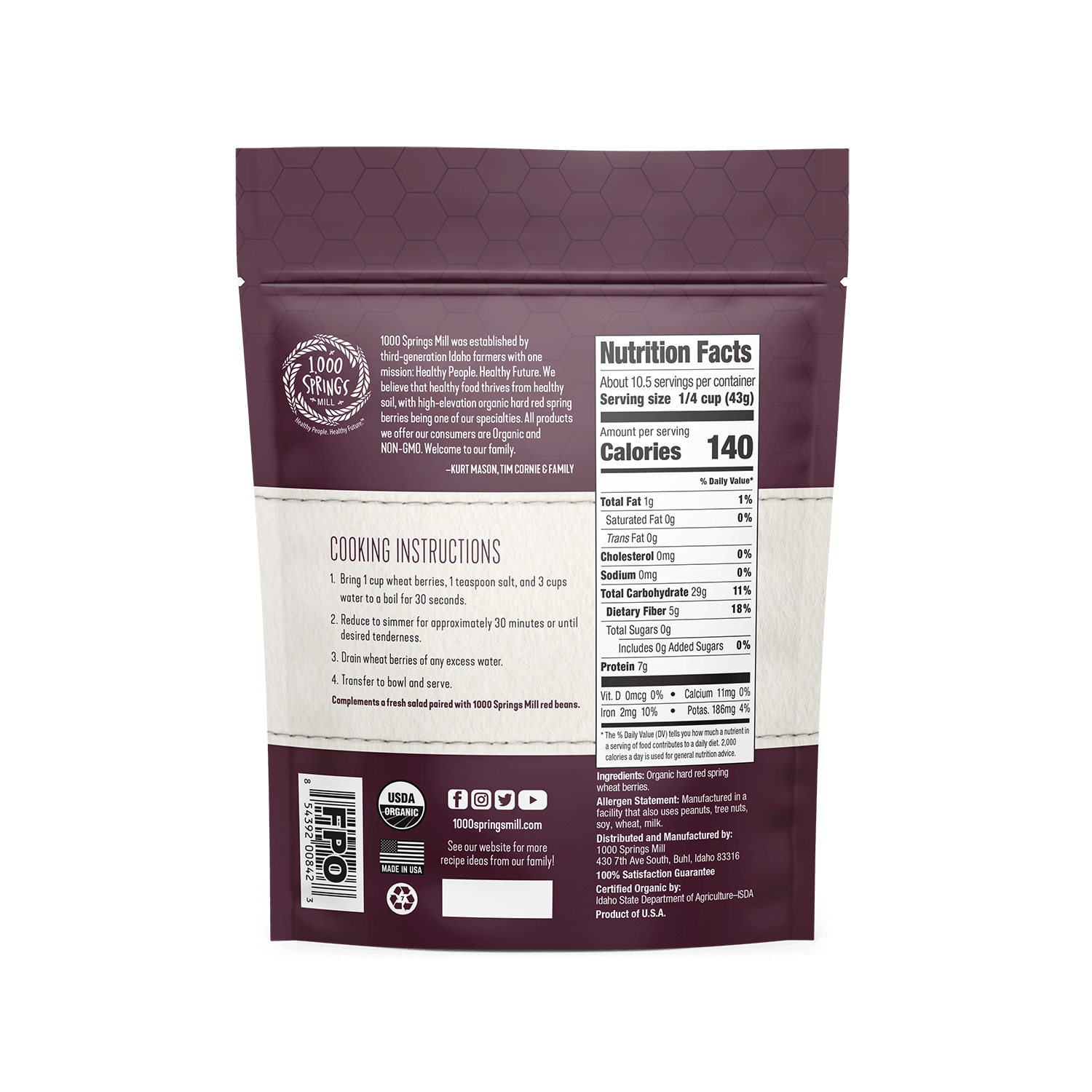 1000 Springs Mill - Wholesale Whole Grains - 16 oz. Organic Hard Red Spring Wheat Berries (12 Pack!!!)1