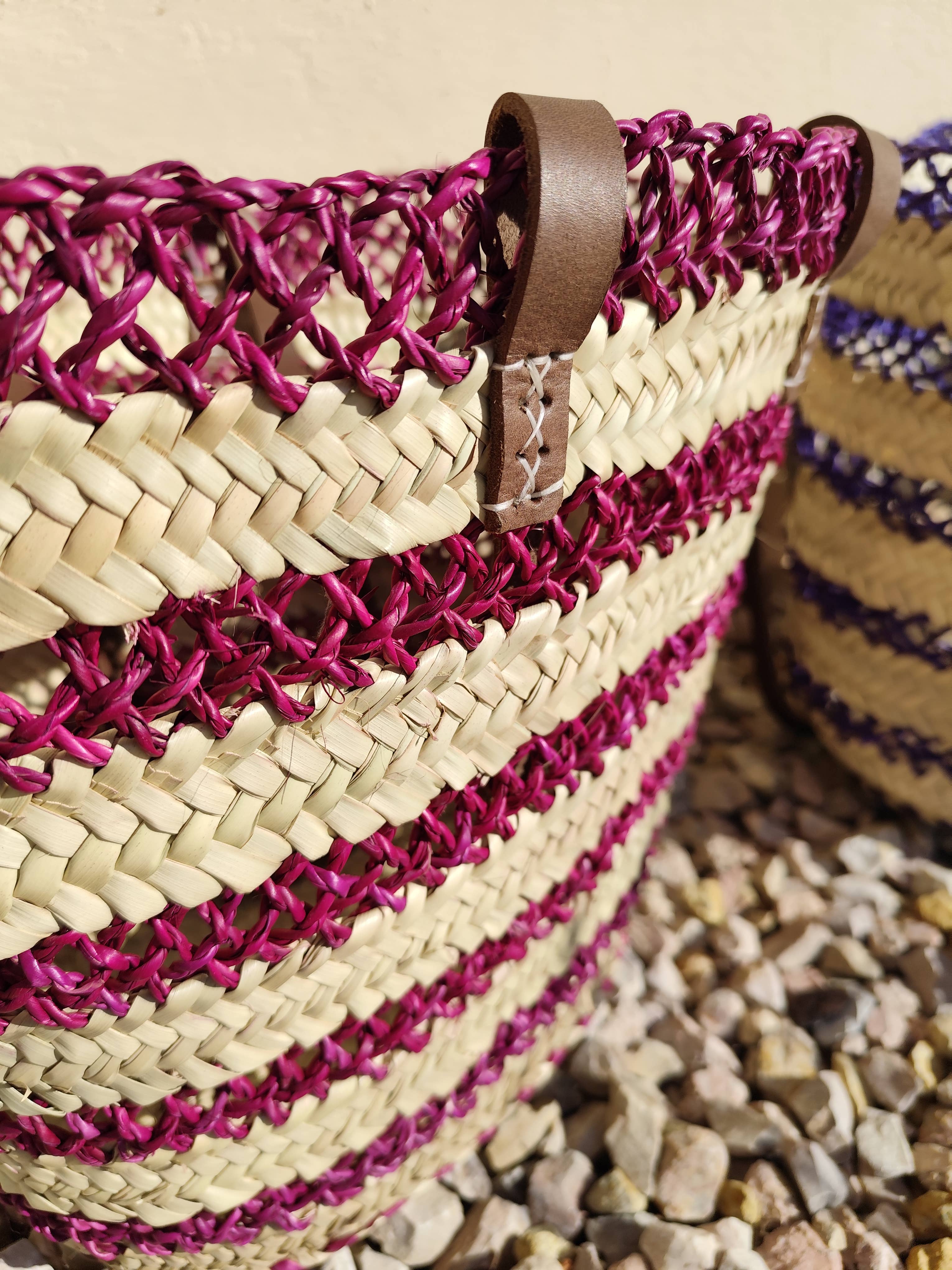 Maya Mallorca - Wholesale Beach Bag - PALMA BASKET WITH STRIPES AND LONG LEATHER HANDLE1