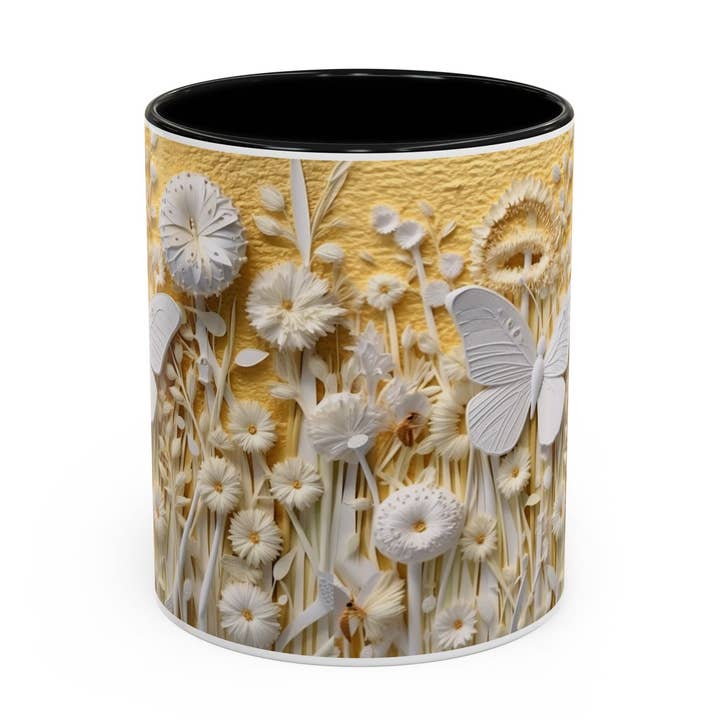 White Floral Relief with Butterflies Accent Mug | 11oz 15oz for wholesale by Le Paperie Co