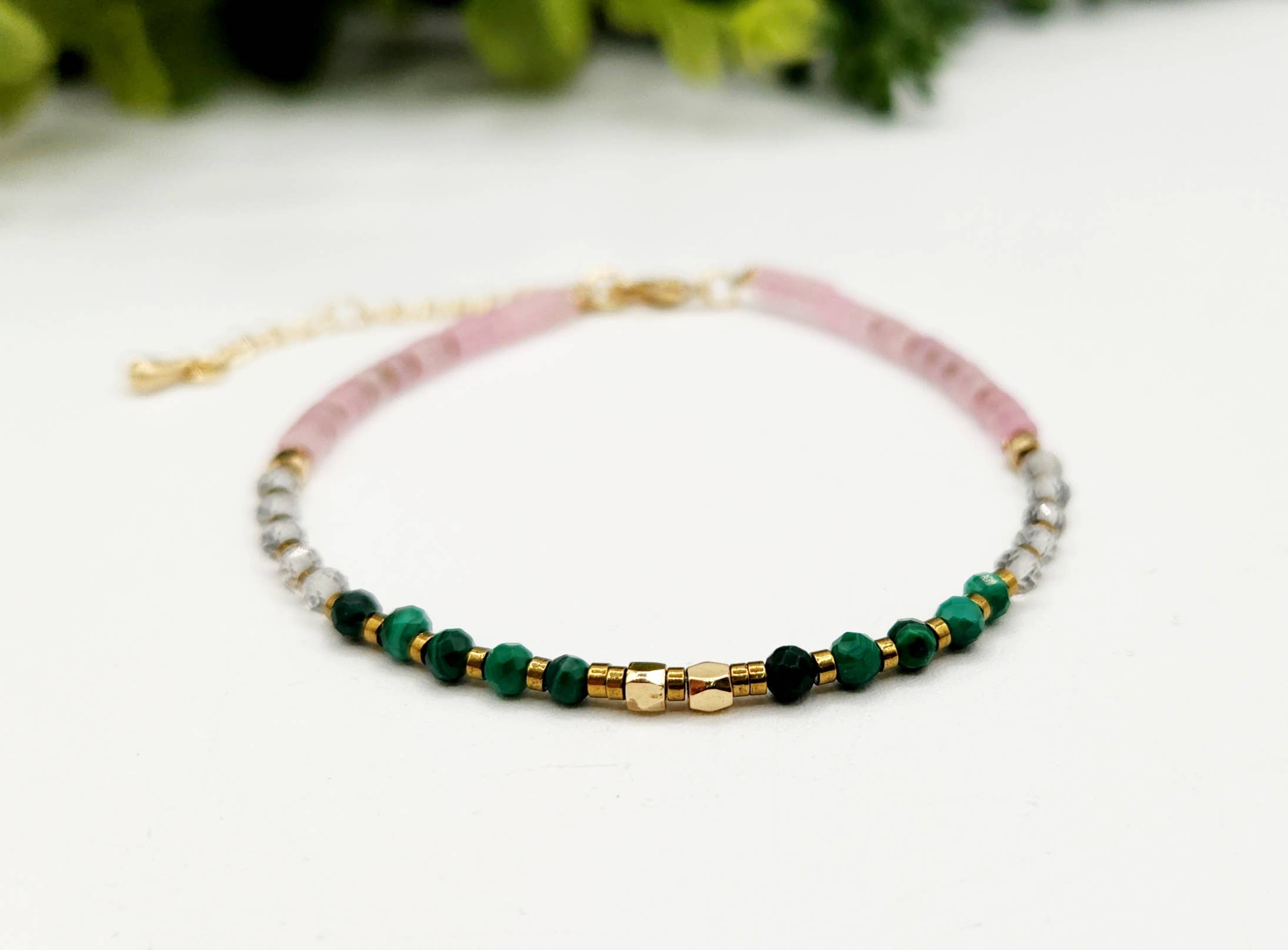 Meraki Gemstones - Wholesale Beaded Bracelet - CANCER HEALING HARMONY-Malachite/Clear/Rose Quartz Bracelet1