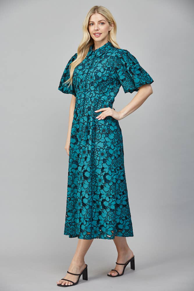 FATE - Wholesale Dress - Women's - PLEATED WAIST HALF BUTTON DETAIL EYELET LACE DRESS FD3546314