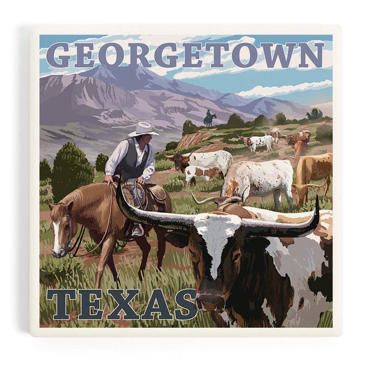 Lantern Press - Wholesale Coasters - CERAMIC COASTER Georgetown, Texas, Longhorns