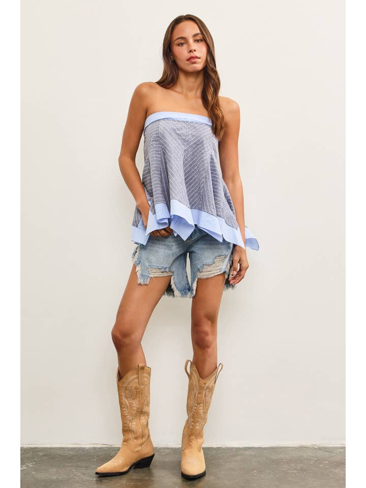 INDIGO TIED BACK ASYMMETRICAL TUBE TOP for wholesale on Faire