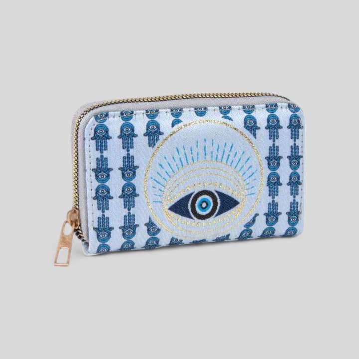 Hamsa Hand and Evil Eye Patterned Woven Zipper Wallet with Gold Accents for wholesale by Guzel Handcrafts