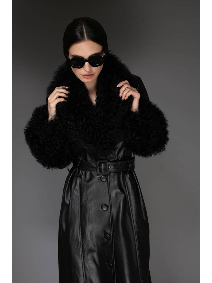 Black Italian Leather & Mongolian Accent Trench Coat for wholesale on Faire5