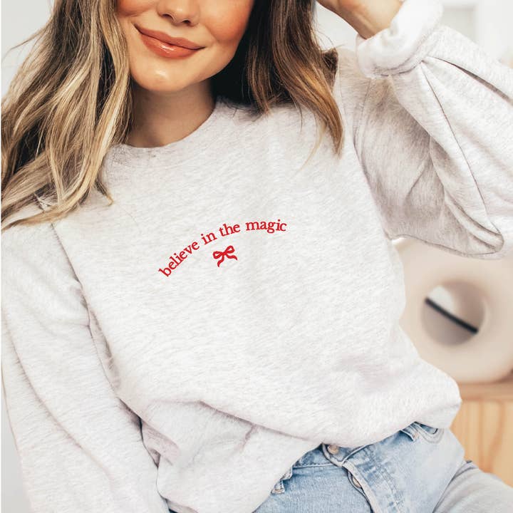 P E T I T R U E - Wholesale Graphic Sweatshirt - Women's - Embroidered Christmas Sweatshirt Holiday Crewneck Bow