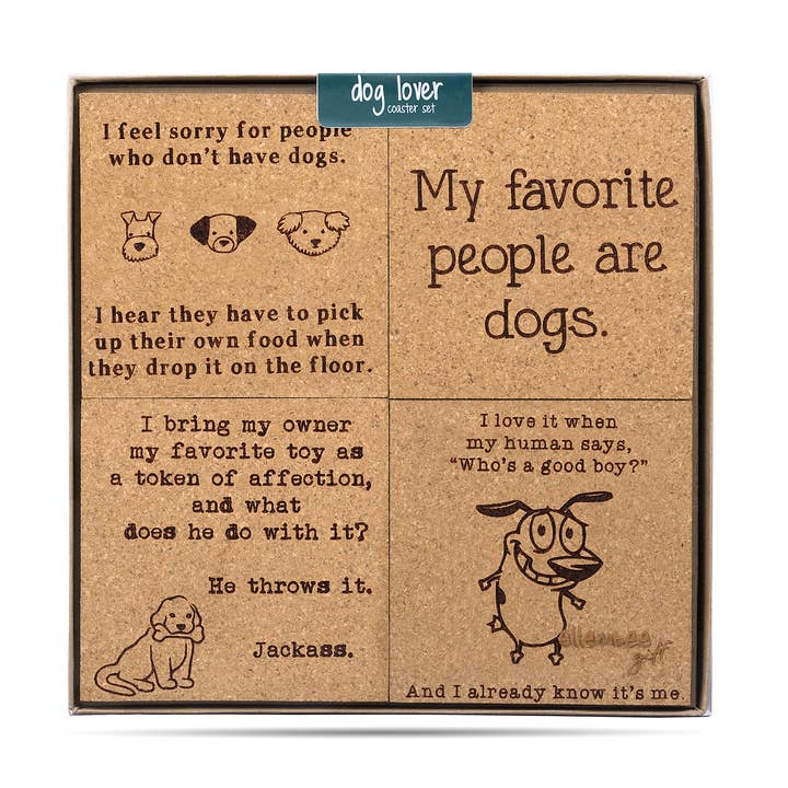 Dog Lover Themed 4 Piece Cork Coasters Gift Box for wholesale by ellembee gift