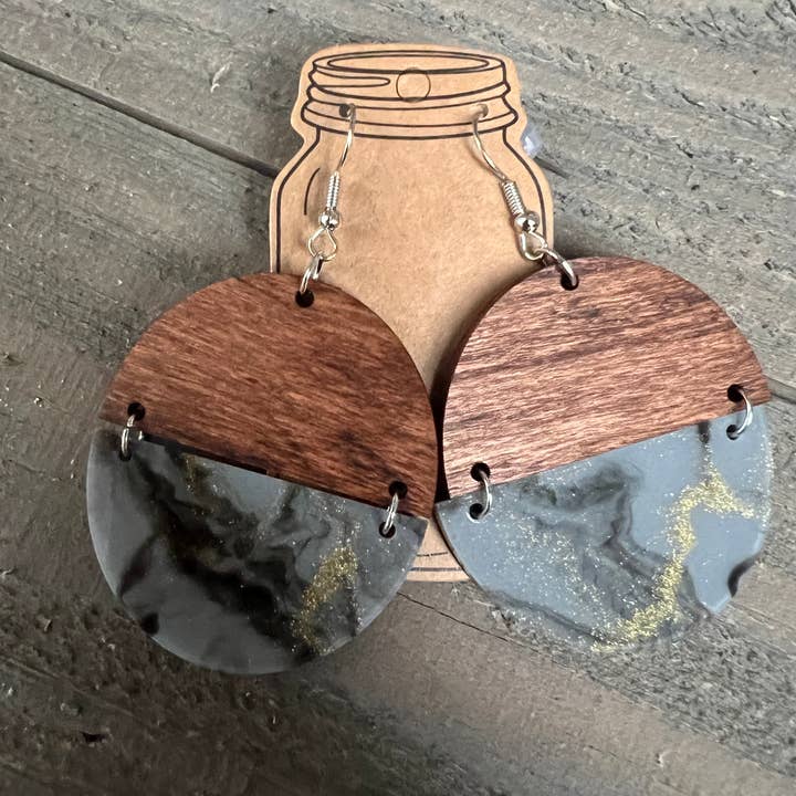 Jill's Jewels - Wholesale Dangle Earrings - Grey Black and Gold Swirl Half Acrylic Half Wood Earrings