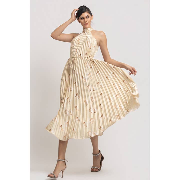 Robe midi plissée à col licou et imprimé floral. pour la vente par omgstyles