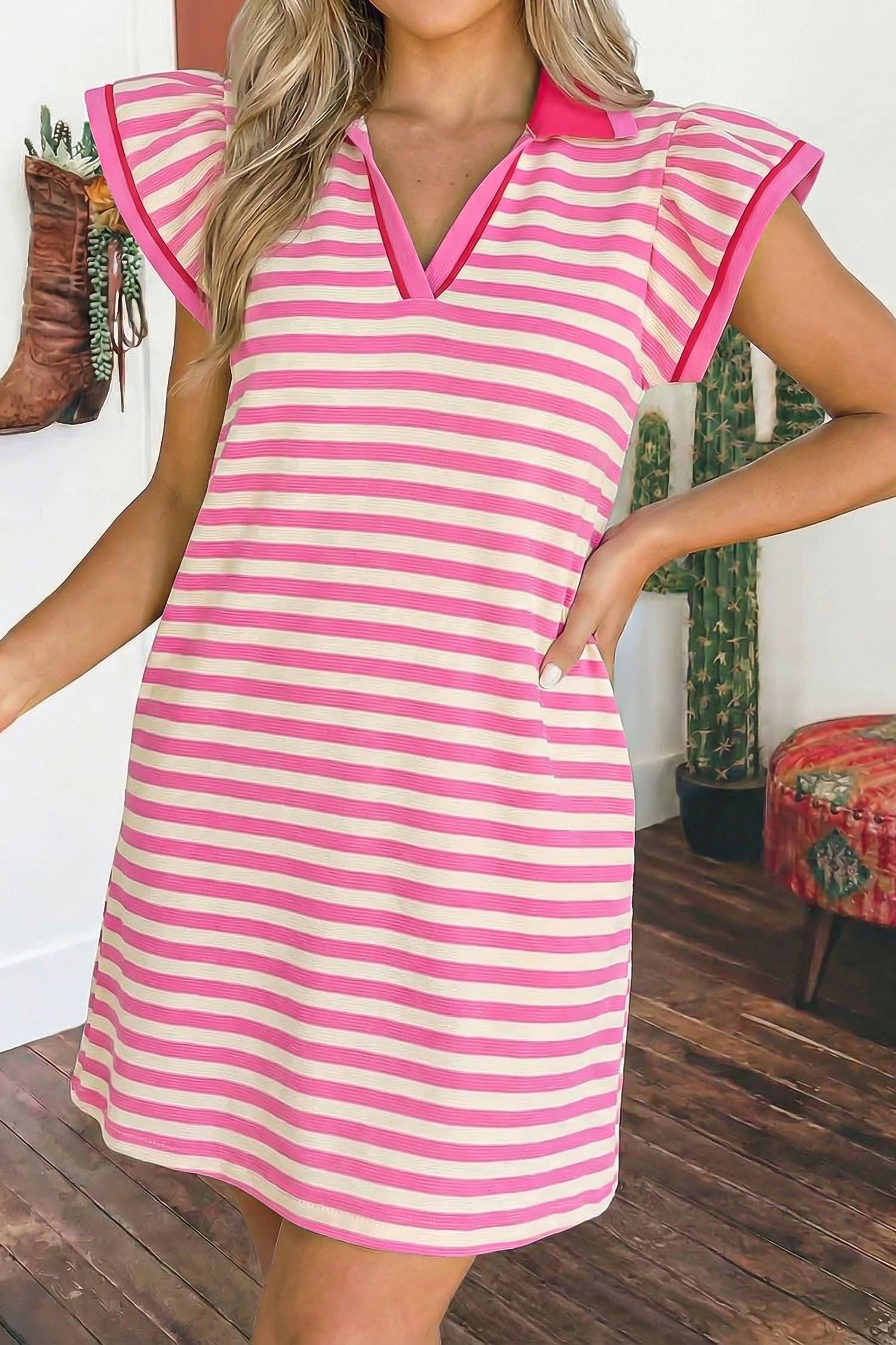 fashionworks - Wholesale Dress - Women's - Stripe Ruffle Short Sleeve Pop of Color Neckline Dress13