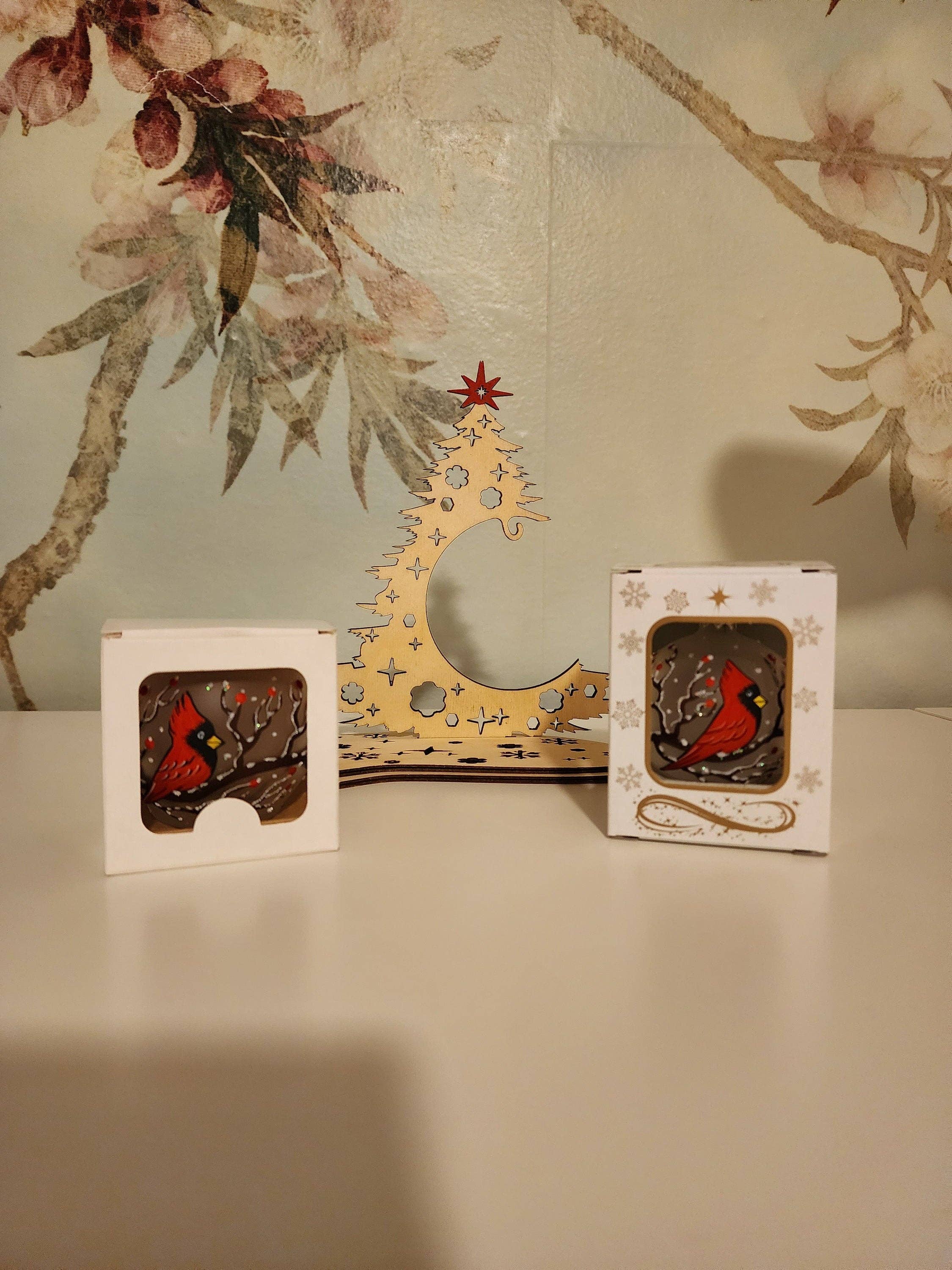 Glass by Iness - Wholesale Ornament - Instant Christmas - Cardinals In A Tree - Hand Made In Ukraine - Blown Glass - Ornament & Candle Holder Combo - Real Wood Tree - Great Gift2