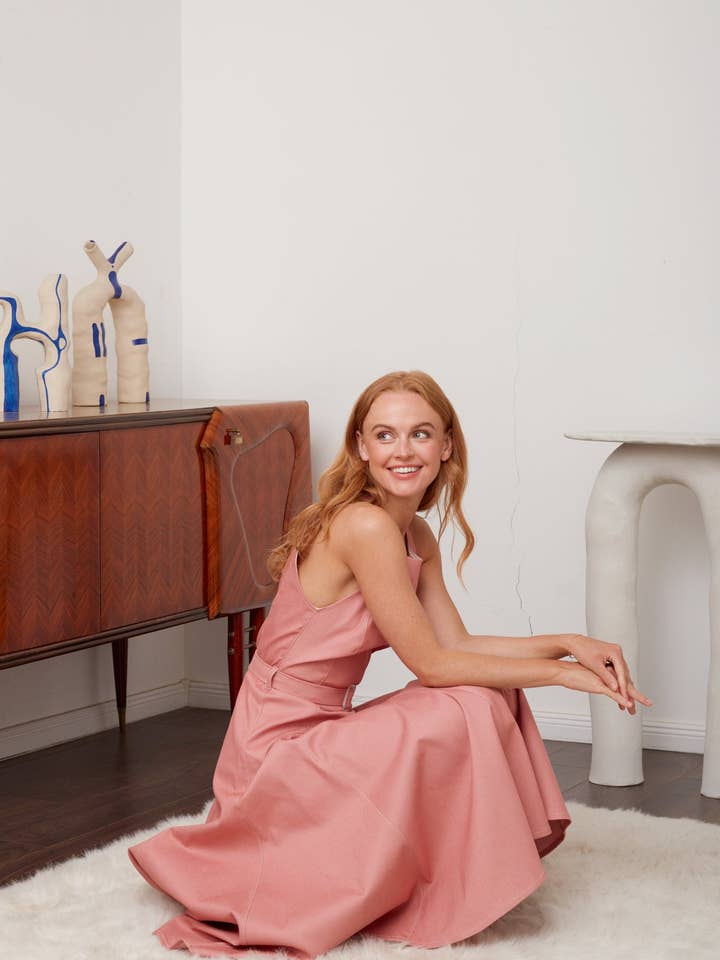 Ode Pastel Pink Denim Midi Dress With Godet Skirt for wholesale by UNDRESS