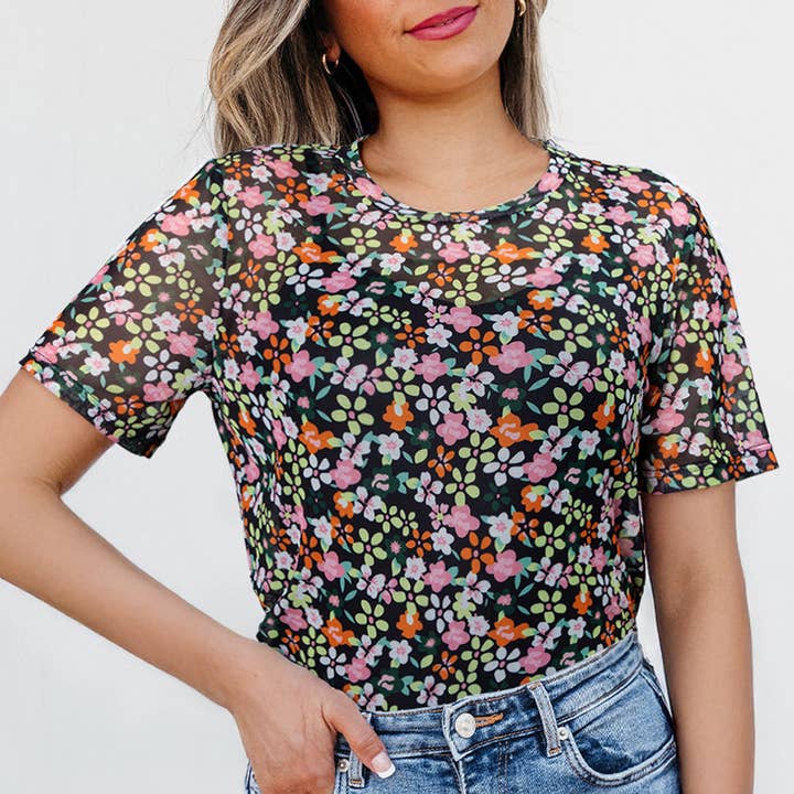 Black Sheer Floral Mesh Round Neck T Shirt and other Purchase wholesale sheer fabric. Free returns & net 60 terms on Faire trending on Faire.