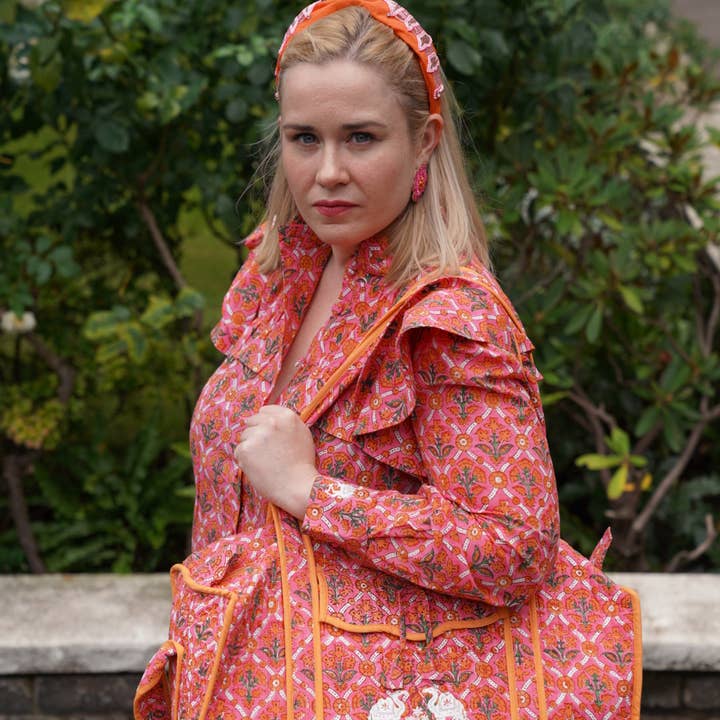 Sophia Ruffle Blouse in Pink Trellis for wholesale by Rajani Baker