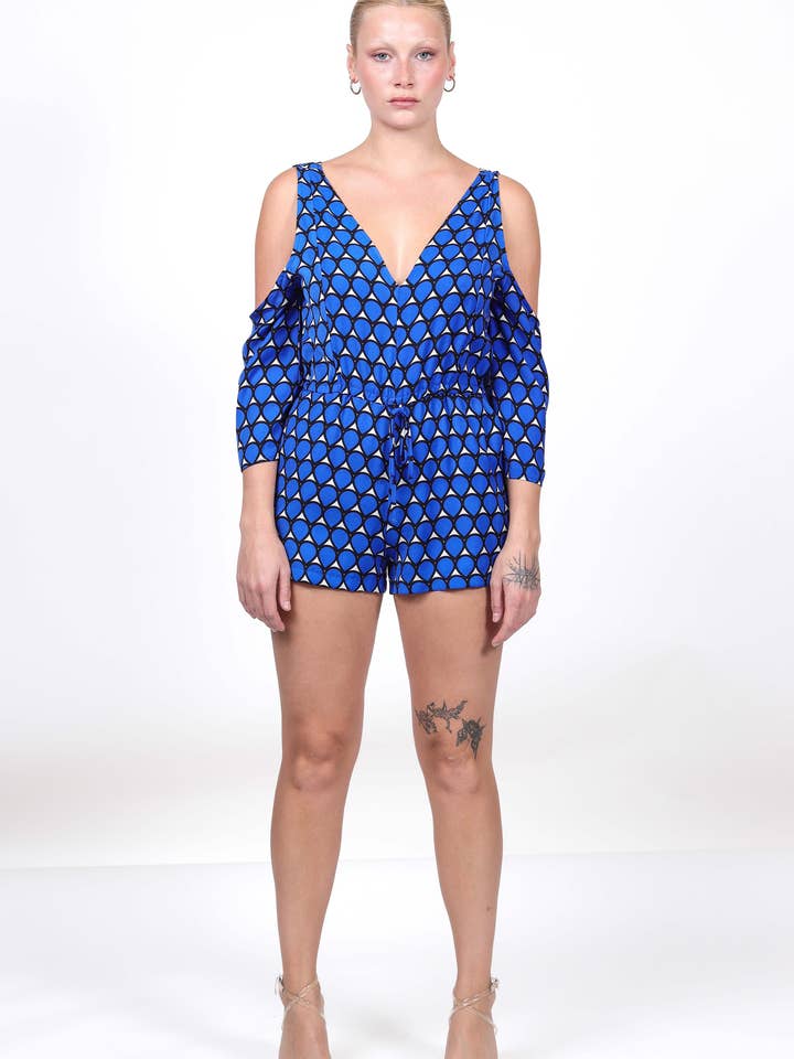 Cold Shoulder Playsuit in Blue Print| Shadi for wholesale by Chekani