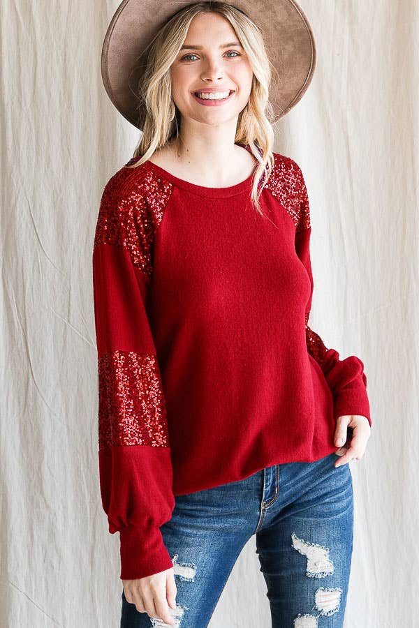 7th Ray - Wholesale Knit Top - Women's - Women's Casual Brush Knit Top with Sequin Contrast T43997