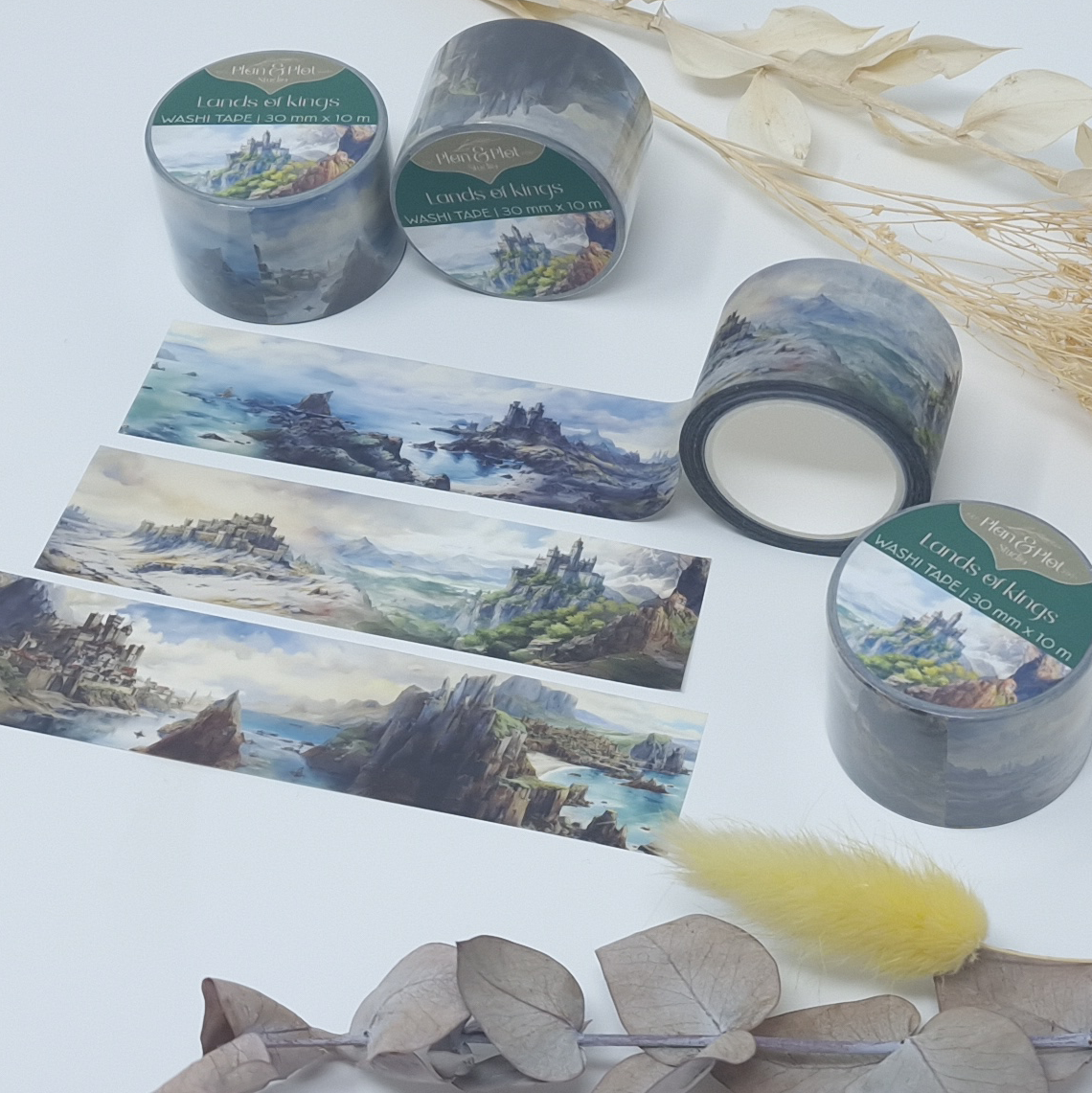 Plan & Plot Studio - Vente Rubans adhésifs Washi - Washi tape « Lands of Kings » avec paysages et châteaux médiévaux10
