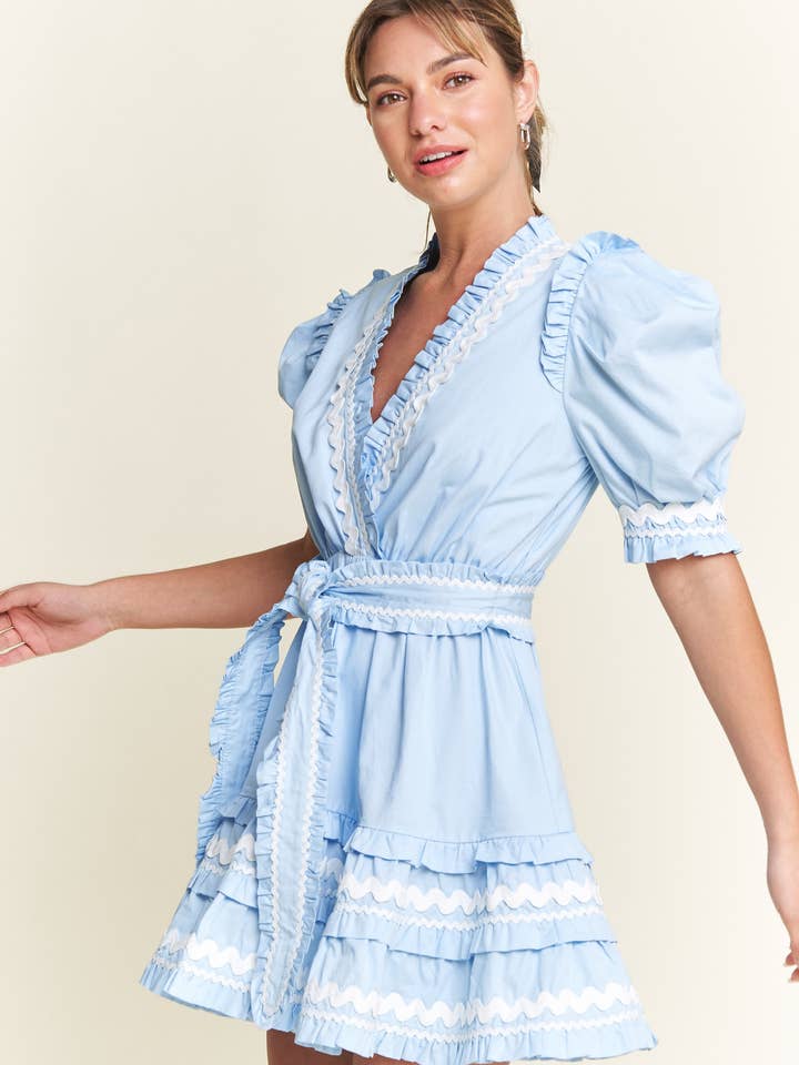 In the Beginning - Wholesale Dress - Women's - Blue V-Neck Ruffled Mini Dress