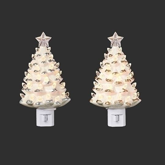 Roman - Wholesale Decorative Tabletop Object - White Tree Nightlight with Gold & Silver Tips; 2A Metallic0