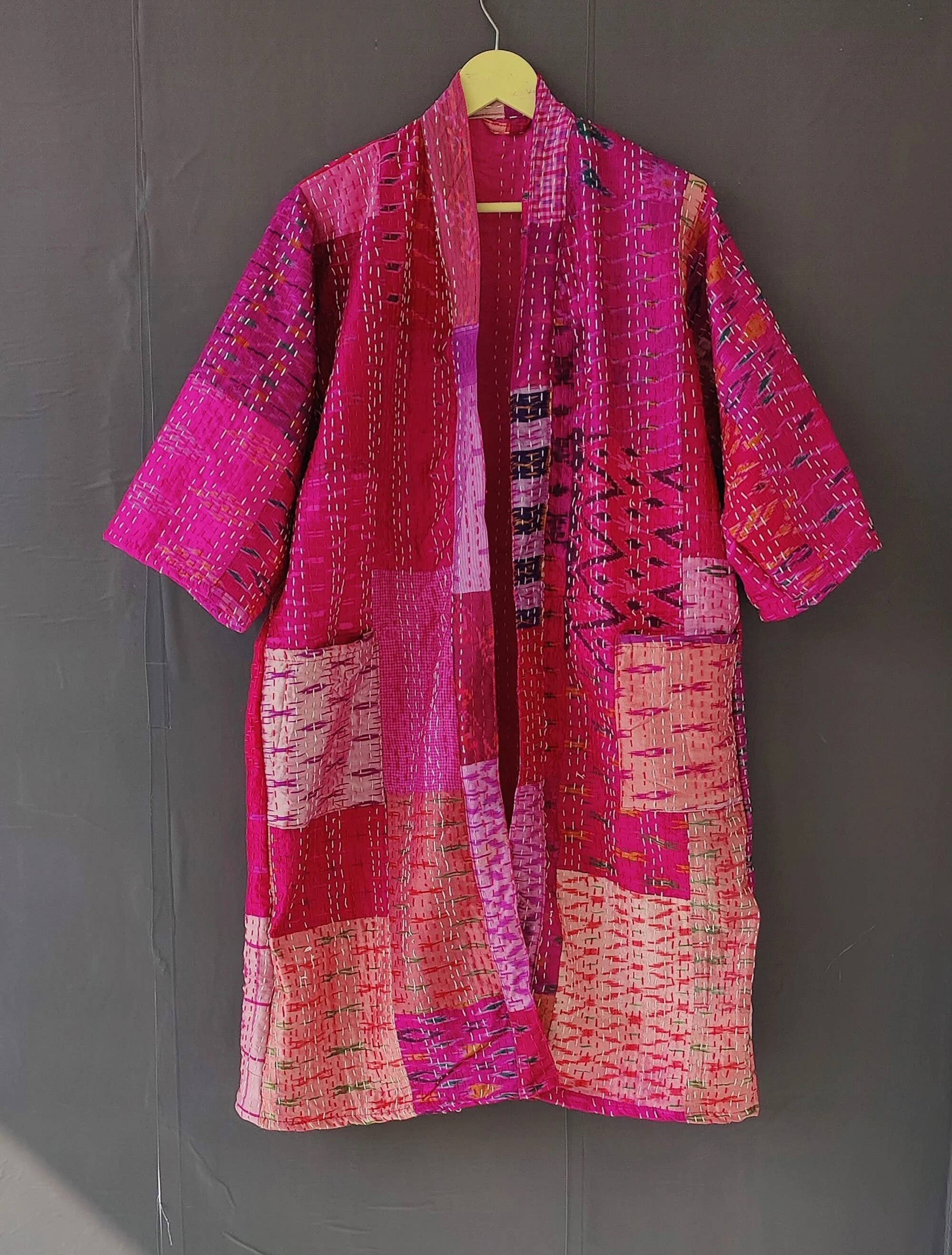 bhavnas boutique - Wholesale Robe - Women's - Silk Sari kantha Kimono Robes Woman Patchwork Jacket kimono