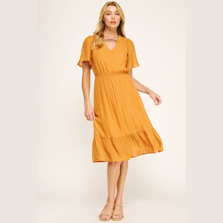 Winslow Collection - Wholesale Dress - Women's - FLUTTER SLEEVE NECKLACE DETAIL PRINTED MIDI DRESS3