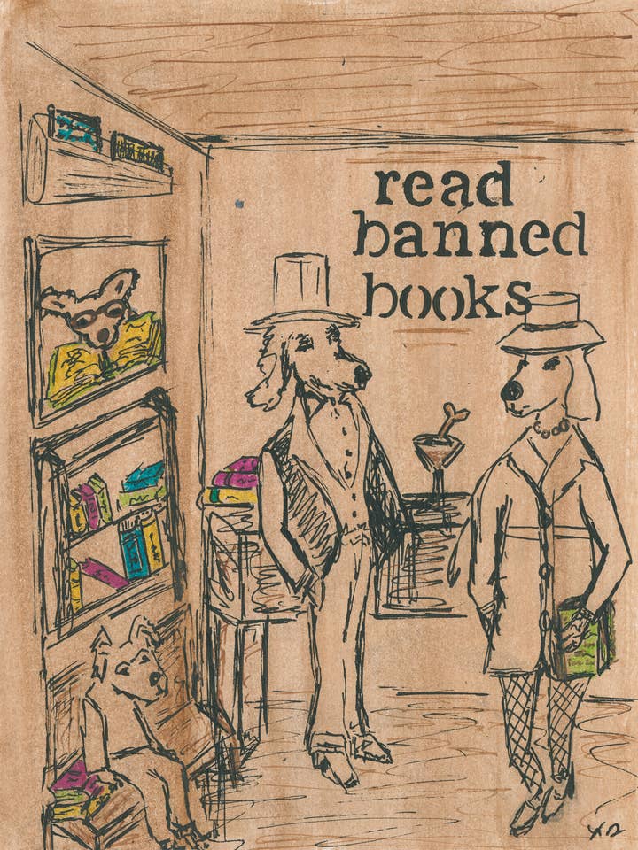 READ BANNED BOOKS New Yorker inspired original dog print for wholesale by Bernie Street Studios