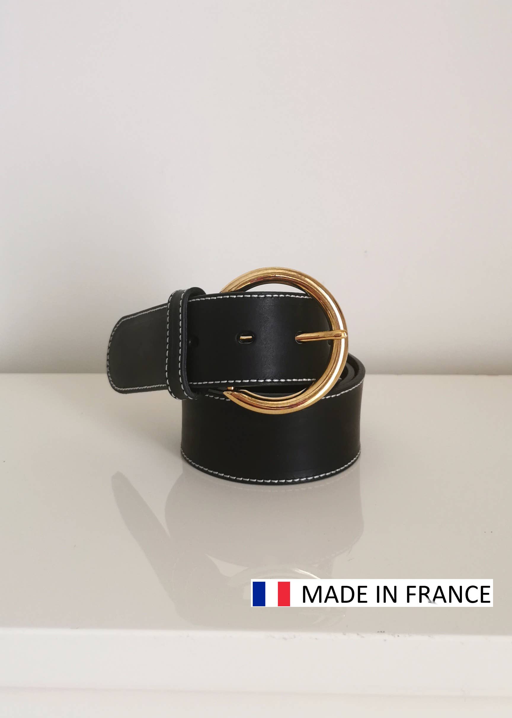 JULIA PARIS – wholesale Belt – Women's – Topstitched cowhide leather belt 40mm - round buckle2