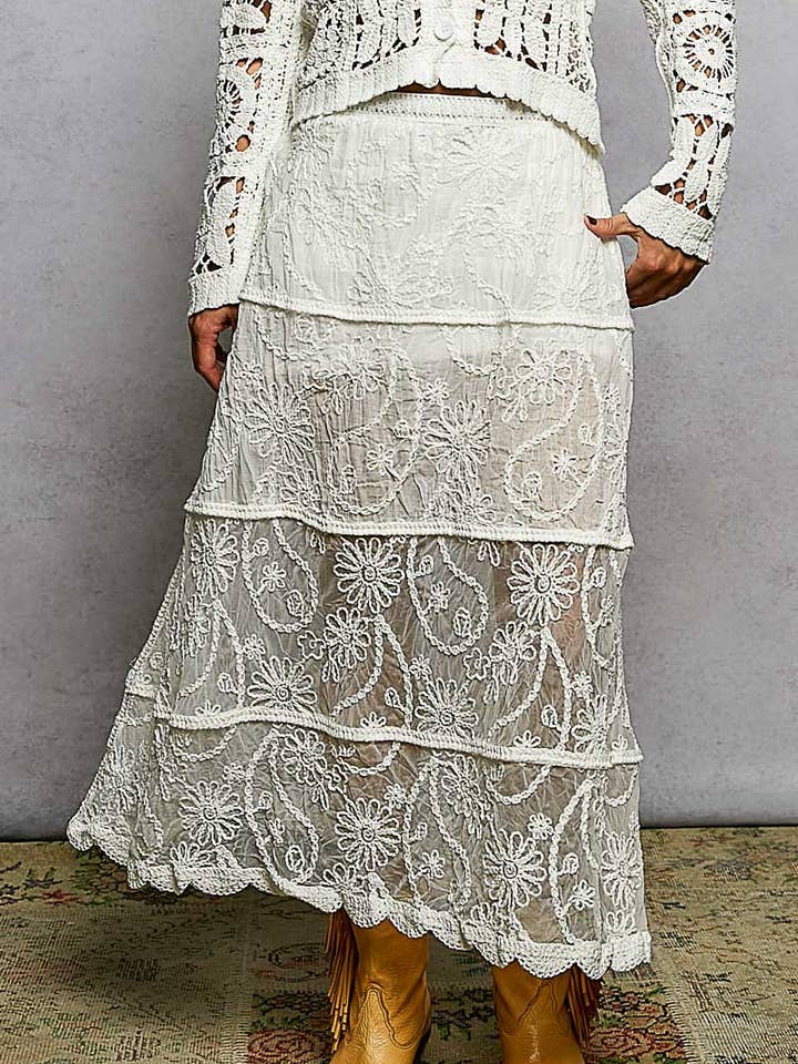 Falda de ajuste holgado con forro de bordado floral de ganchillo para venta al por mayor de Pol Clothing