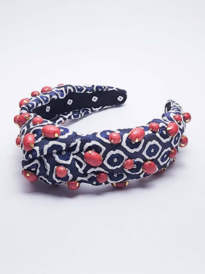 Diadema con nudo jacquard azul marino adornado para venta al por mayor de Hello Edie