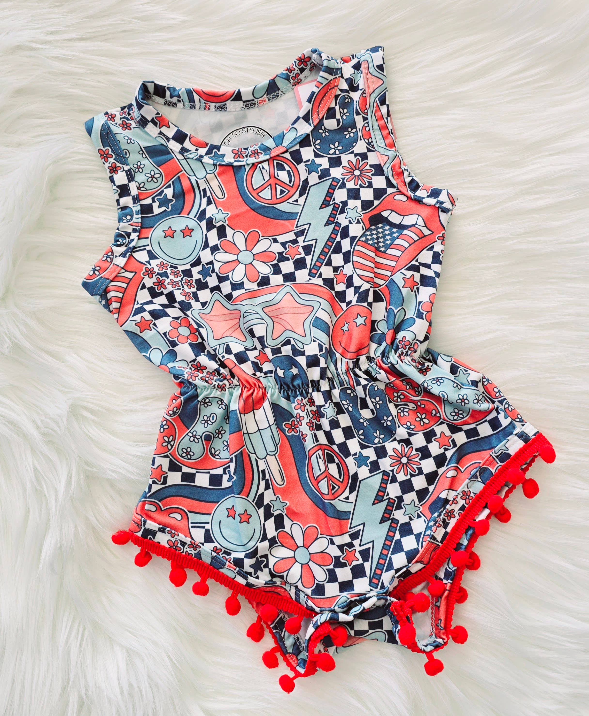 Rufflеѕ & Bоwtіеѕ - Affordable Boys & Girls Clothing - Wholesale Bodysuit (Non-Footed) - Baby - Baby Girls July 4th Groovy Pom Romper  2