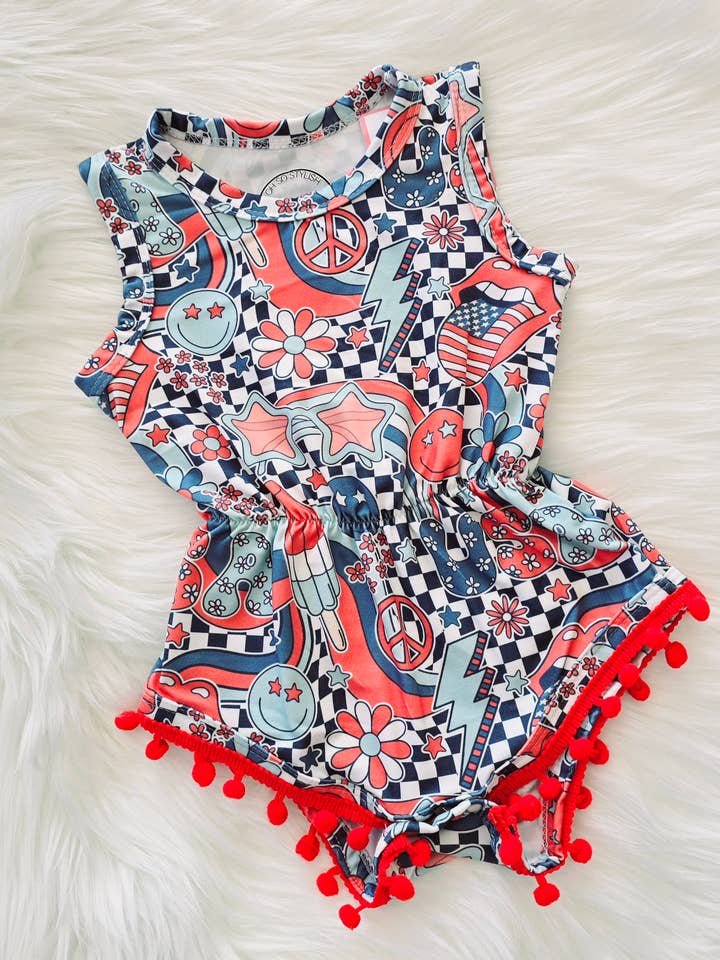 Rufflеѕ & Bоwtіеѕ - Affordable Boys & Girls Clothing - Wholesale Bodysuit (Non-Footed) - Baby - Baby Girls July 4th Groovy Pom Romper 2