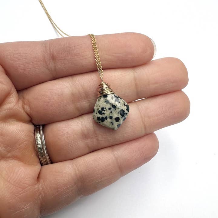 Simple Necklace - Dalmatian Jasper, Gold, Leaf for wholesale by Mrs. Robinson's Affair