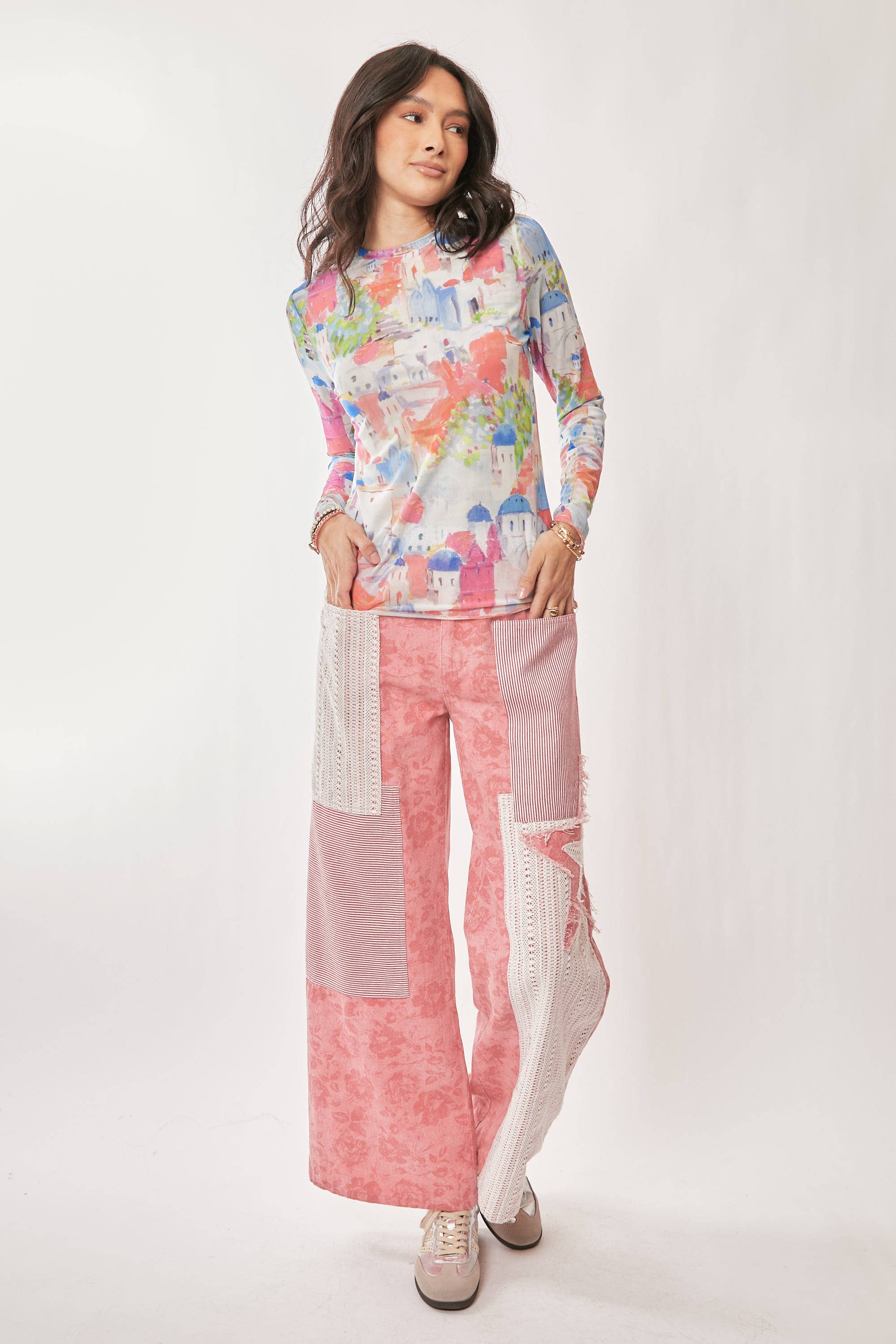 Davi & Dani – wholesale Knit top – Women's – MULTI PRINTED MESH ROUND NECK LONG SLEEVE TOP7