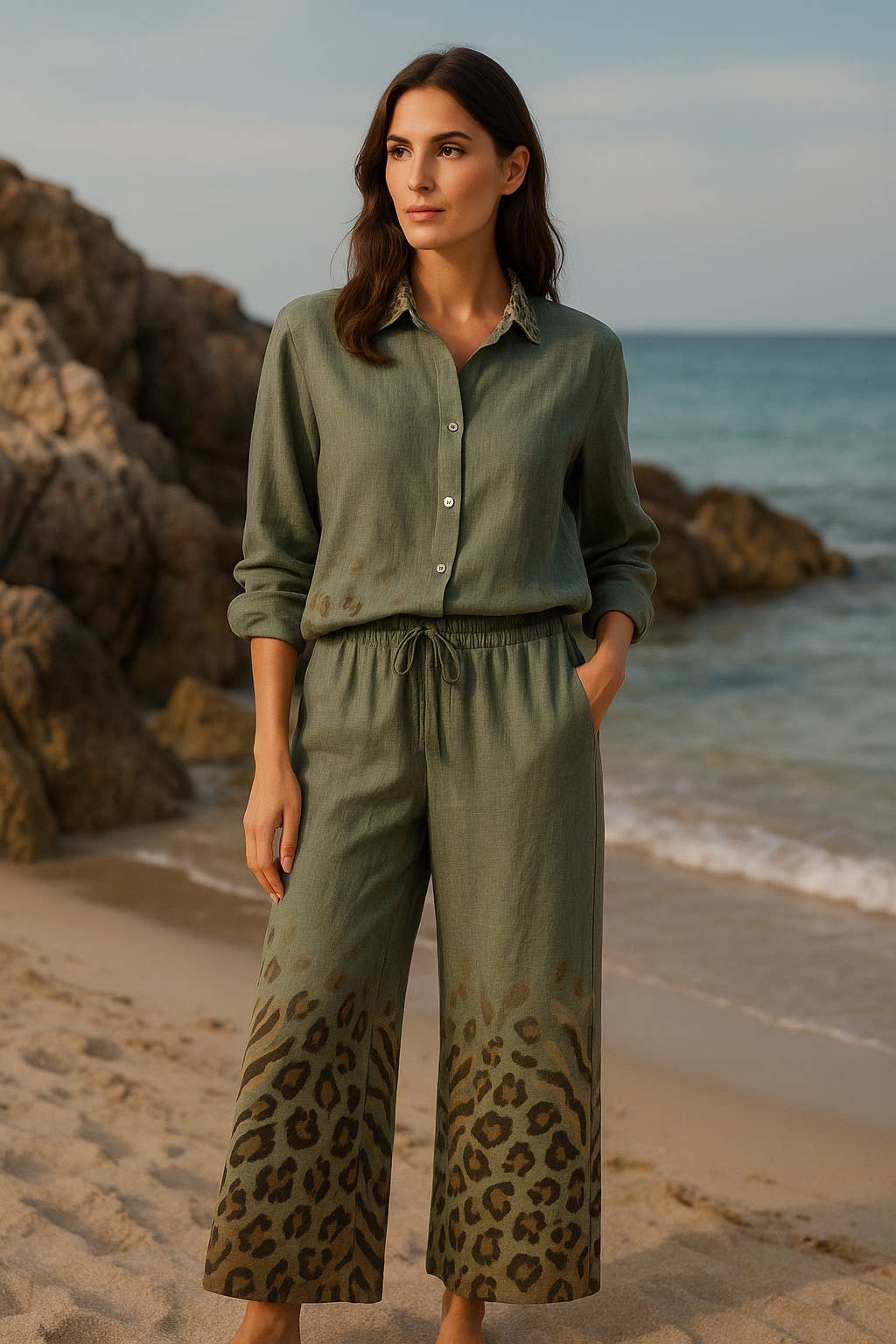 LINEN & COTTON HOUSE – Engroshandel Overdelssæt – til kvinder – Leopardmønstret hørskjorte og bukser sæt 09002 484031