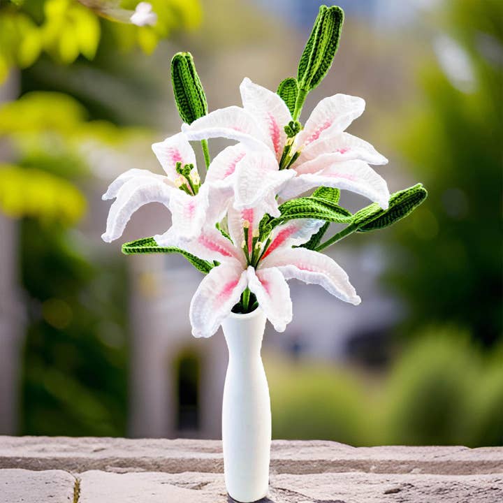 1 Crochet Big Lily Flower Stem | White | Pink for wholesale by PinkLadyWorkshop