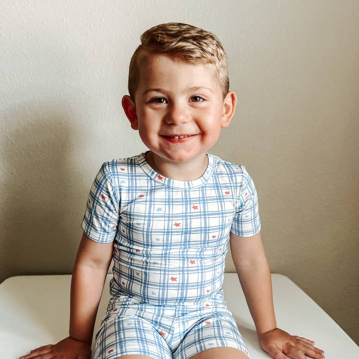 Stars Gingham 2pc Bamboo Pajamas for wholesale by Little Joy Co.