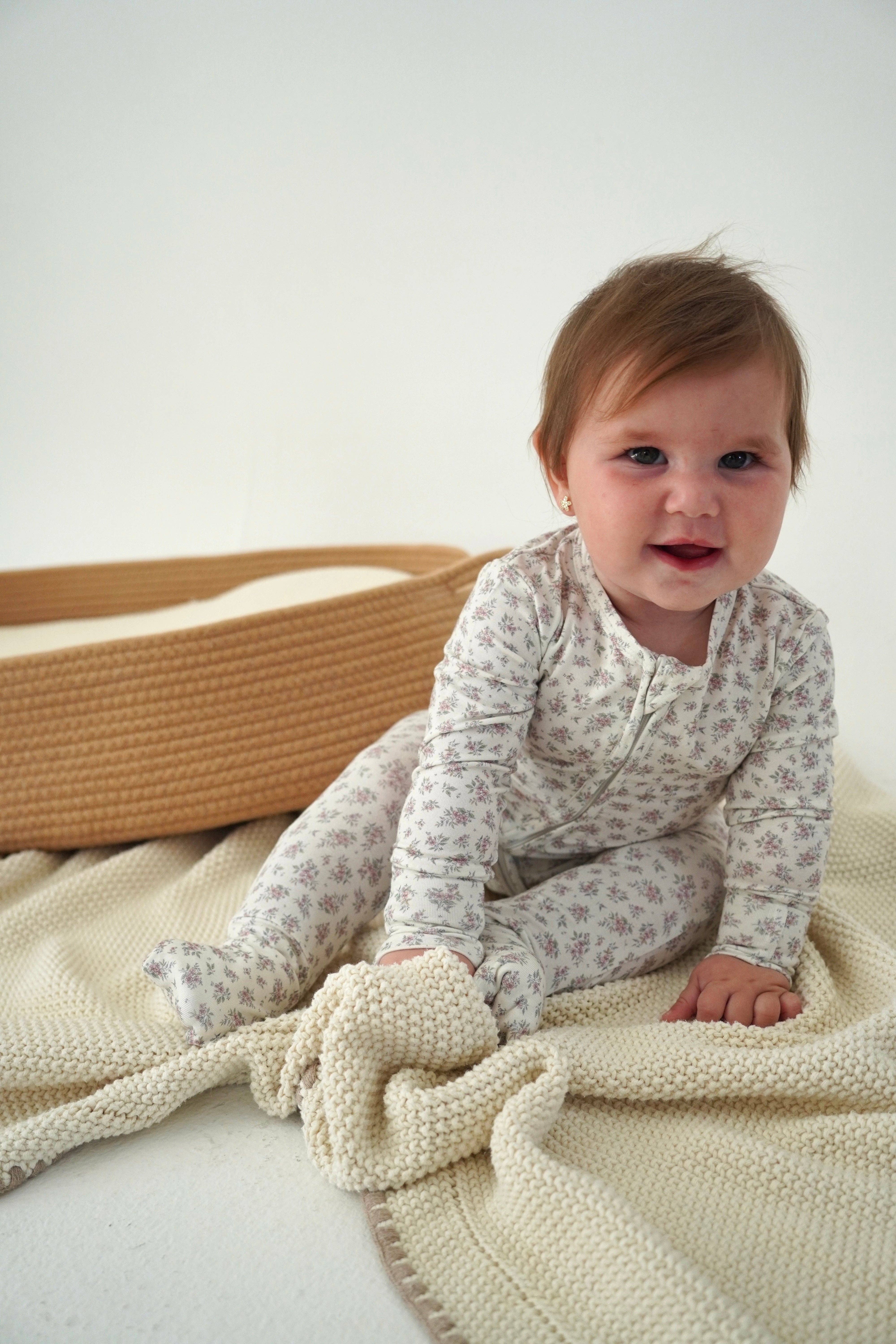 Little Threads - Wholesale Sleepsuit - Baby - Vintage Floral Blush Bamboo Footie1