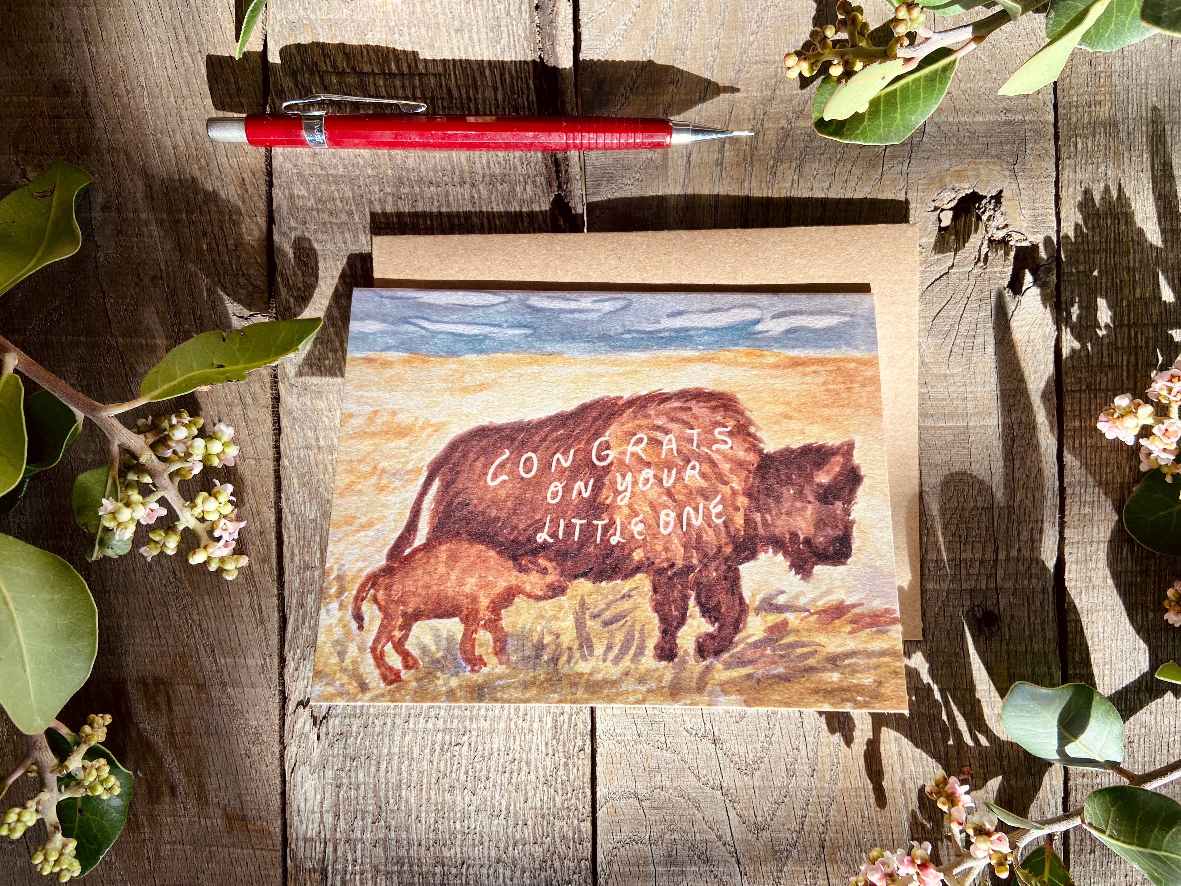 Little Salt Wagon – Großhandel Babykarte – Glückwunschkarte „Congrats On Your Little One Baby Bison Buffalo“1