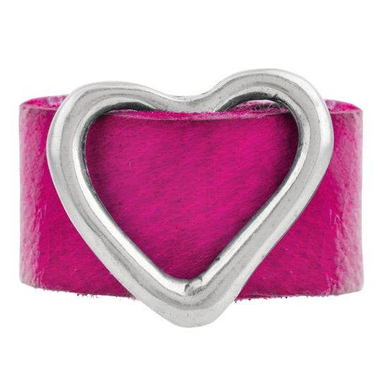 Fuschia leather ring-silver 925 plated heart buckle for wholesale by Gloria Mago