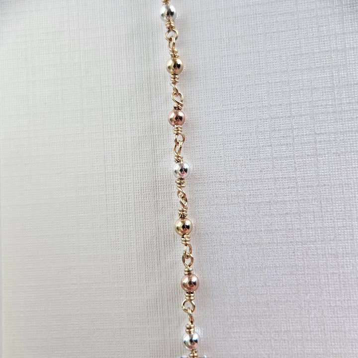 Half Moon Jewelry Designs - Wholesale Link & Chain Necklace - Tri tone mixed metal beaded chain by the foot, GF, RGF & SS4