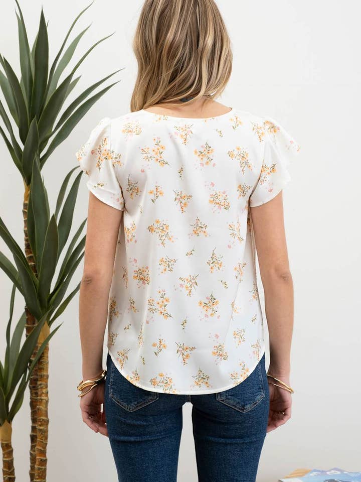 Blu Pepper - Vendita all'ingrosso Camicetta - Donna - Blusa in raso con scollo a V e stampa floreale con bordi smerlati7