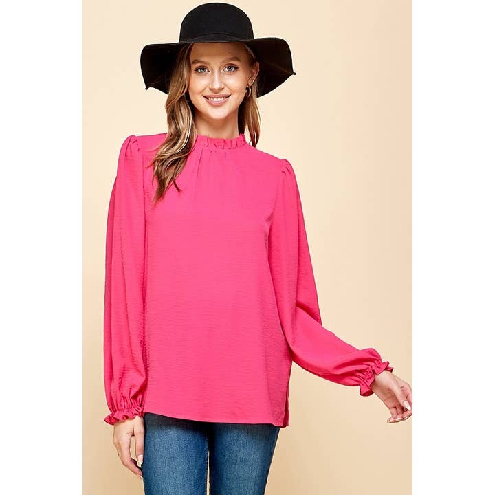 LIME N CHILI - Wholesale Blouse - Women's - Solid Ruffle Mock Neck Balloon Sleeve Blouse16