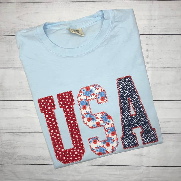 USA Embroidered Applique Tee for wholesale by Handmade Pieces Company LLC