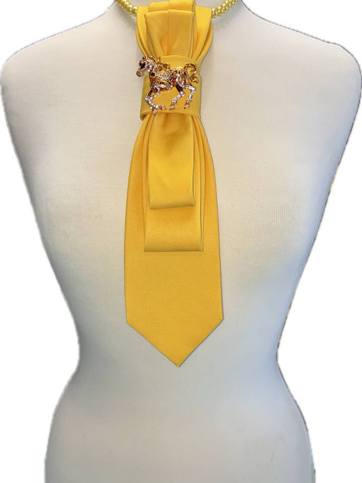 Custom Necktie Necklace - Yellow Satin w Horse Brooch for wholesale by See it…Love it…Buy it